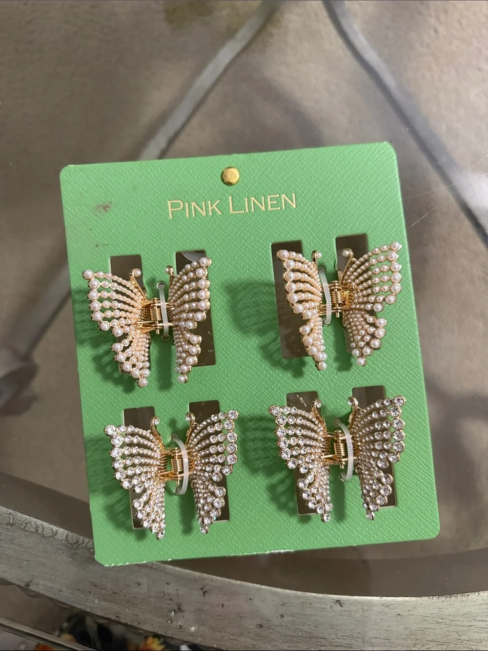 Butterfly Pearl & Rhinestone Goldtone Hair Clips